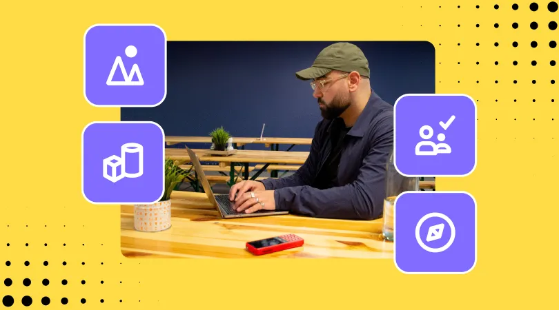 Graphic showing a picture of Ferkan working on his laptop, along with icons representing the new features updated on the Envision Glasses!